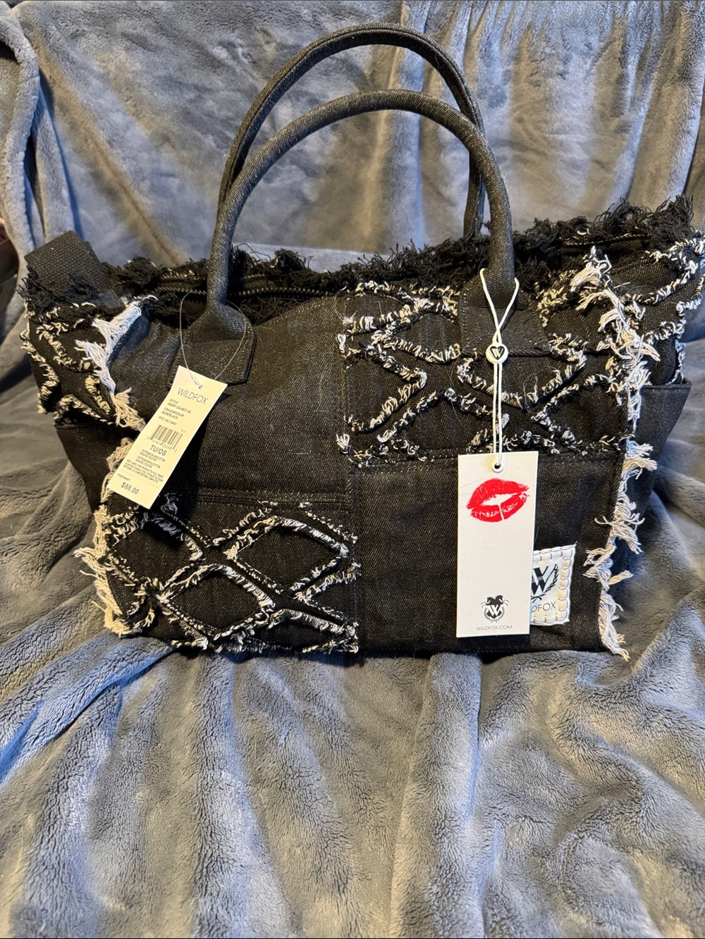 Wildfox Black Frayed Patchwork Tote with White Fringe Accents